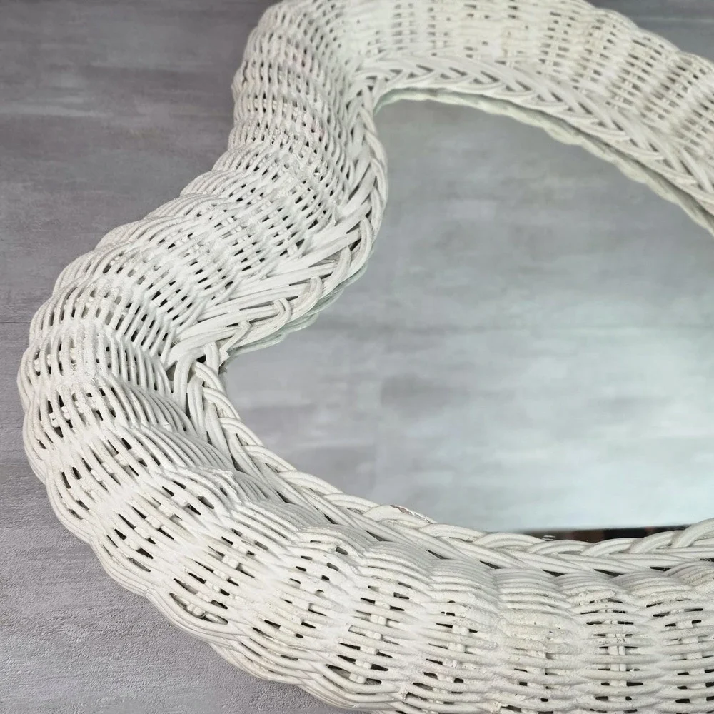 Heart White Wicker Wall Mirror Cottagecore Shabby Chic Rustic Boho 18x18